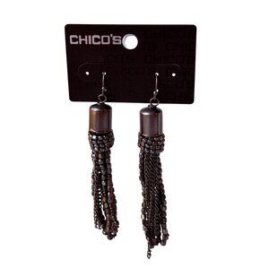 Vintage Y2K Pewter Chico’s Chain Bead Tassel Statement Dangle Earrings NOS